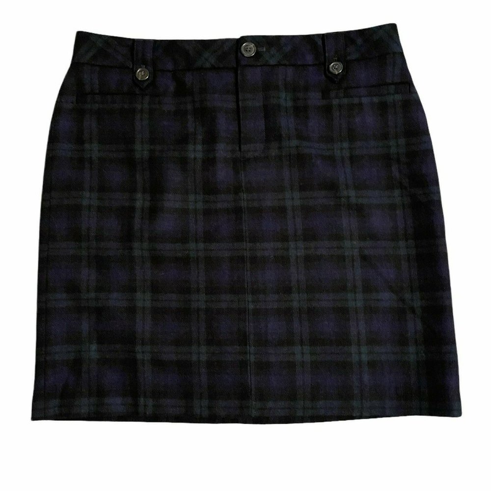 Eddie Bauer Blackwatch Blue Green Plaid Wool Skirt Size 10